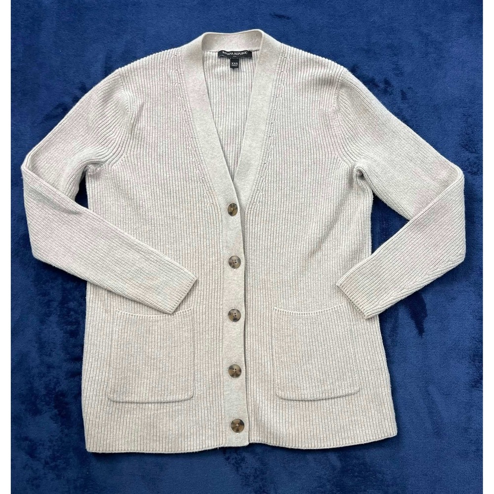 EUC Banana Republic Women's Ribbed Cotton V-Neck Cardigan Sweater Beige Size XXS